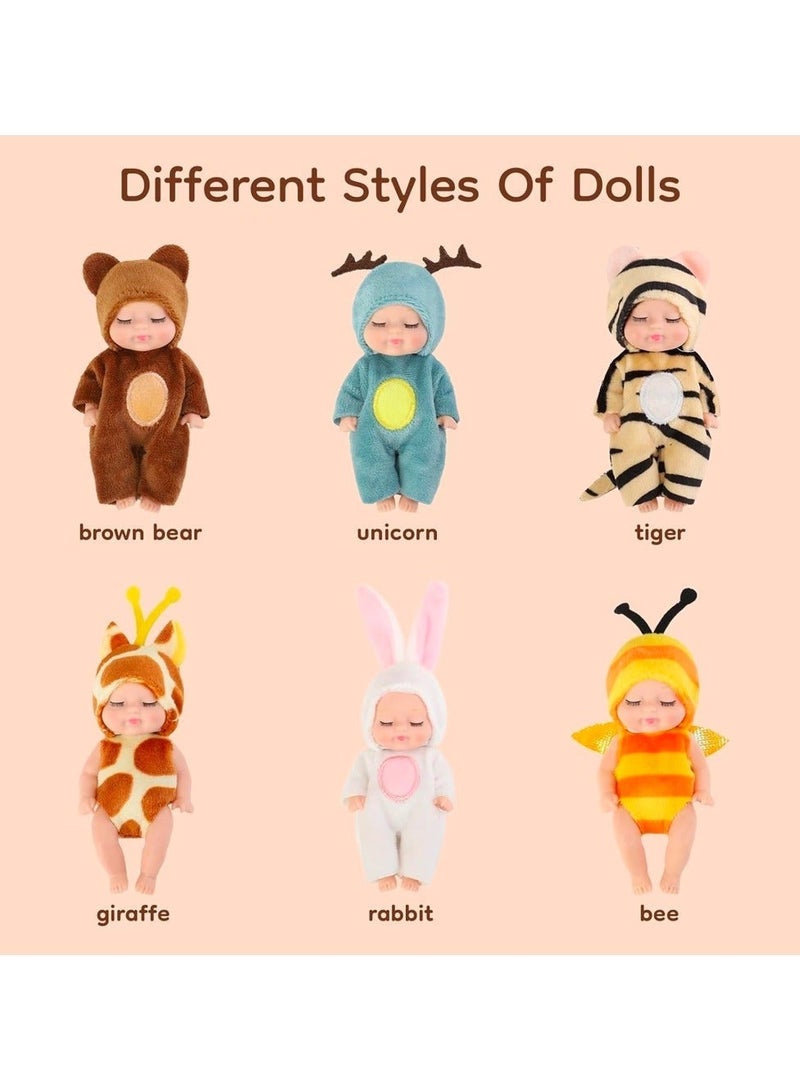 6pcs Mini Baby Dolls Gift Set, Cute Small Brown bear, Unicorn, Tiger, Giraffe, Rabbit, Bee Baby Doll Toys With Animal Clothes, Perfect Birthday, Holiday and Ramadan Gifts for Girls And Boys, Suitability Kids 3 and Up - Image 2